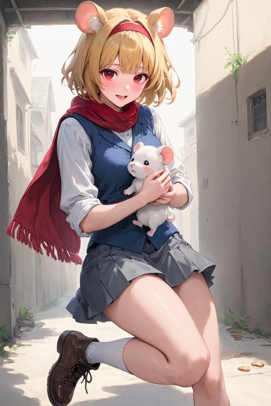 2girls, alice margatroid, animal ear fluff, animal ears, bangs, black footwear, blonde hair, blue dress, blush, boots, brown footwear, capelet, carrying, carrying person, closed eyes, cookie (touhou), cross-laced footwear, dress, full body, grey skirt, grey vest, hairband, ichigo (cookie), long sleeves, mouse ears, mouse girl, mouse tail, multiple girls, nazrin, niwarhythm, nyon (cookie), open mouth, red eyes, red hairband, red scarf, running, scarf, shirt, shoes, short hair, simple background, skirt, skirt set, smile, socks, tail, touhou, vest, white background, white capelet, white legwear, white shirt, basement, best quality, amazing quality, very aesthetic, incredibly absurdres, (best quality, 4k, 8k, highres, masterpiece, absurd, raytracing:1.2), absurdres, very aesthetic, (perfect hands, perfect anatomy), The highest image quality, excellent detail, ultra-high resolution, best illustration, attention to detail, detailed hands, expressive eyes, detailed eyes, detailed face, highly detailed