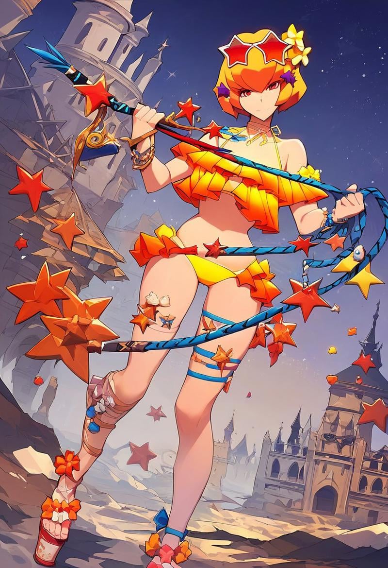 score_9, score_8_up, score_7_up,source_anime,Clementine, blonde hair, short hair, red eyes,star sunglasses on head, head accessory, orange bikini, strap, panties,holding whip,peep-toe shoes,castle view, moonlight,solo