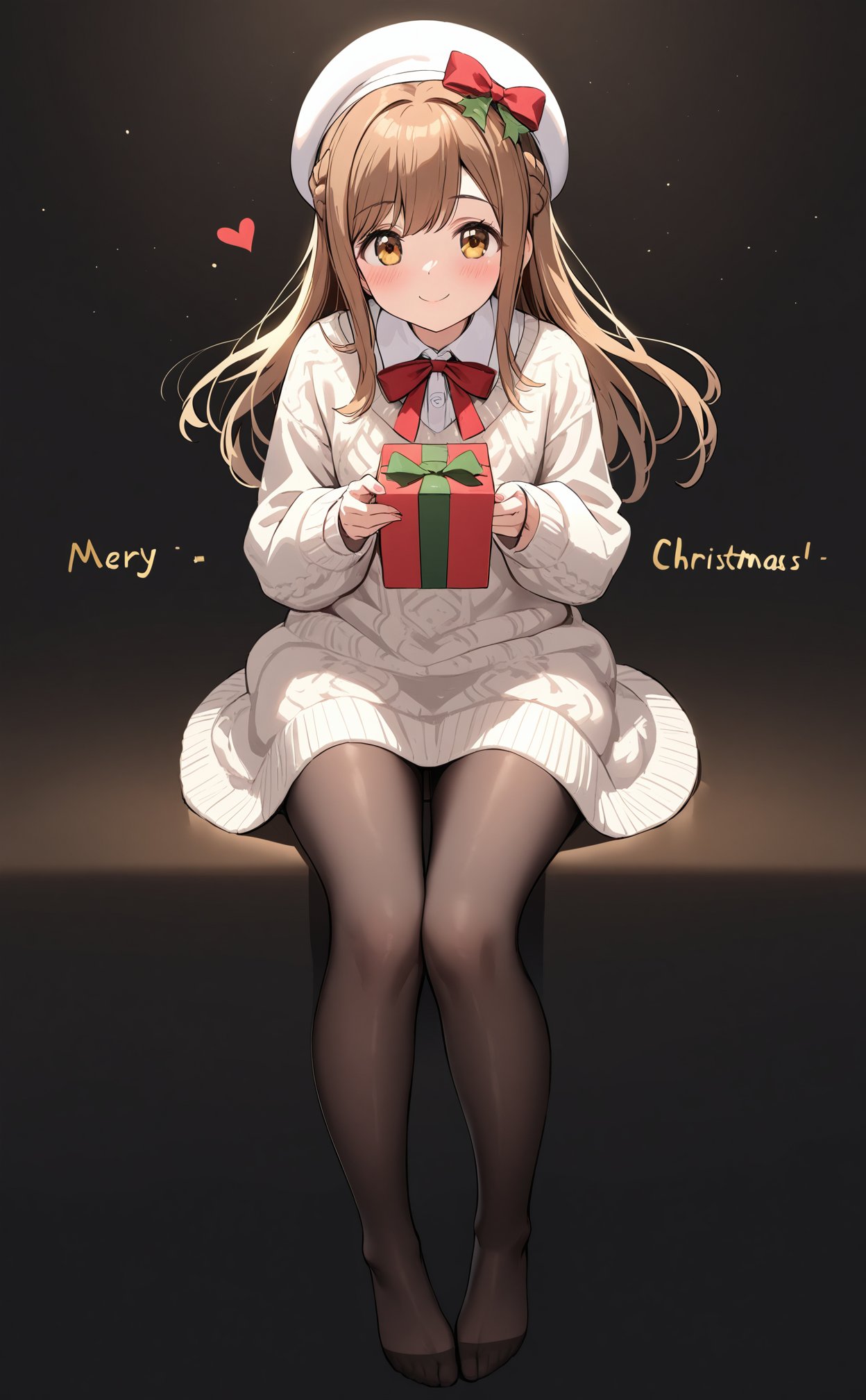 (masterpiece), (best quality), illustration, ultra detailed, hdr, Depth of field, (colorful), loli, 1girl, pantyhose, smile, brown hair, hat, blush, no shoes, looking at viewer, black pantyhose, sweater, braid, black background, long hair, heart, long sleeves, sitting, bow, skirt, merry christmas, brown eyes, kunikida hanamaru, hair bow, white headwear, beret, christmas, holding, plaid, full body, bangs, closed mouth, yellow eyes, gift, red bow, simple background