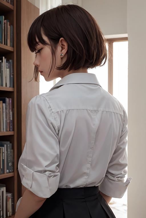 masterpiece,best quality,upper body,1girl,collared_shirt and flared_skirt as material3,色彩,book cover \(medium\),lineup,bangs pinned back,small breasts,blank eyes,disdain,from behind