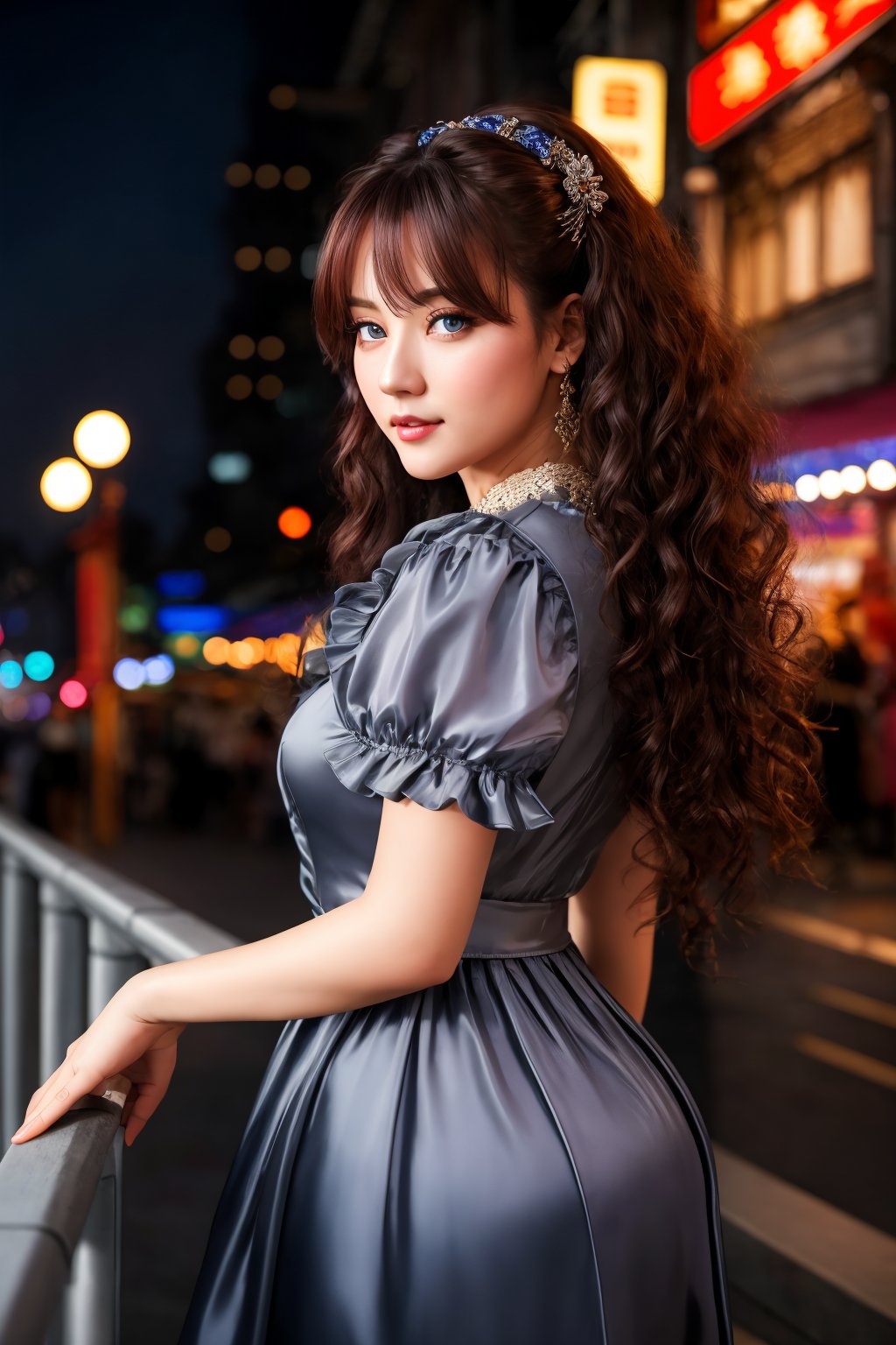 masterpiece, highly detailed 8k, best quality, volumetric lighting, volumetric lighting, intricate, Maroon big hair young woman in Agreeable Gray rfdrss, Pride, Sapphire Blue eyes, Bustling Night Markets in Asia background <lora:ruffled dress v4.3-000007:1>
