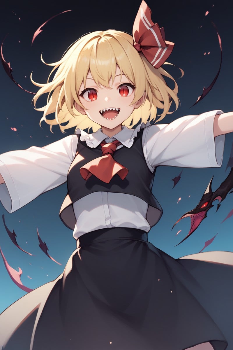 score_9, score_8_up, score_8, score_9, 1 girl, source_anime, black vest, white shirt, black skirt, blonde hair, red eyes, red ascot, hair ribbon, rumia, <lora:rumia_pony-10:1>, 1girl, floating, outdoors, night, (darkness), spread arms, (black background), open mouth, sharp teeth, smile, evil smile