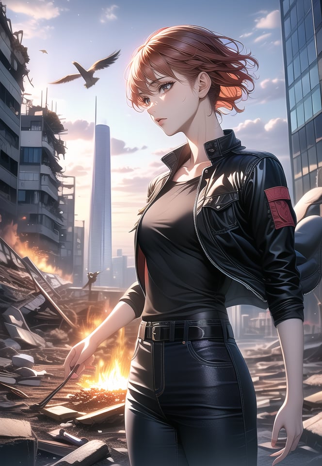 (best quality), ((masterpiece)), (highres), illustration, original, extremely detailed, 1girl, pants, fire, jacket, outdoors, red hair, shirt, black shirt, short hair, sky, building, open clothes, black jacket, standing, black pants, bird, day, cloud, solo focus, rubble, open jacket, leather, belt, collarbone, wind