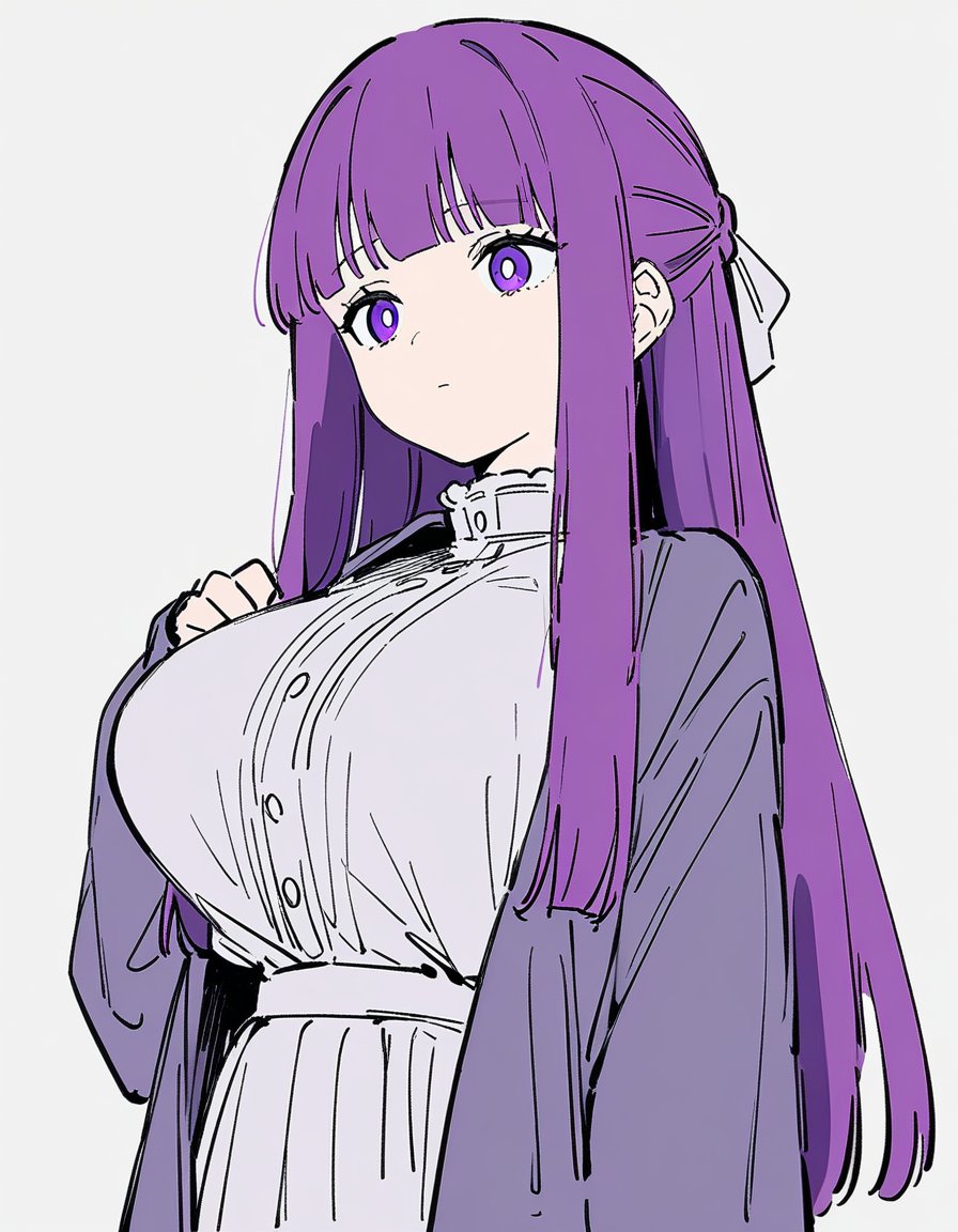 1girl, solo, fern \(sousou no frieren\), sousou no frieren, sketch, flat color, long hair, purple hair, purple eyes, braid, large breasts, dress, cardigan, expressionless,white background,masterpiece, best quality, very aesthetic, absurdres,