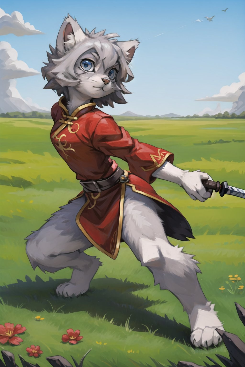 masterpiece, best quality,manul,tusun,looking at viewer, dynamic pose, furry girl,kid,grey hair,chinese clothes, outdoors,grass,prairie,holding sword,  <lora:兔狲:0.5>