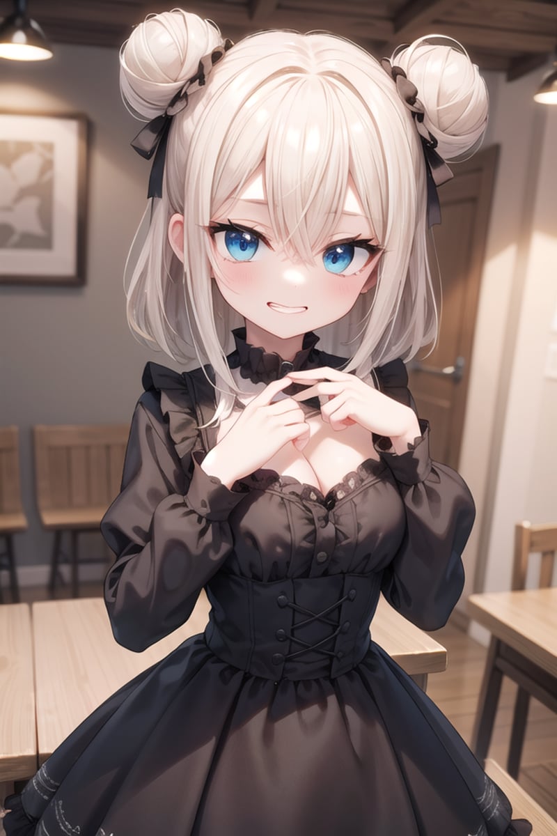 <lora:talkmouth_I_type1_v200:1>insanely detailed, absurdres, ultra-highres, ultra-detailed, best quality,1girl, solo, nice hands, perfect handsBREAKgothic theme, black gothic dress, white frill, hair dressBREAK(nsfw:-1.5)BREAKsmile, open mouthBREAK,standing, cowboy shot, looking at viewerBREAKslender, kawaii, perfect symmetrical face, ultra cute girl, ultra cute face, ultra detailed eyes, ultra detailed hair, ultra cute, ultra beautifulBREAKin coffee shop, depth of field, ultra detailed backgroundBREAKmedium large breastsBREAKblonde hair, blue eyes, double bun, hair between eyes