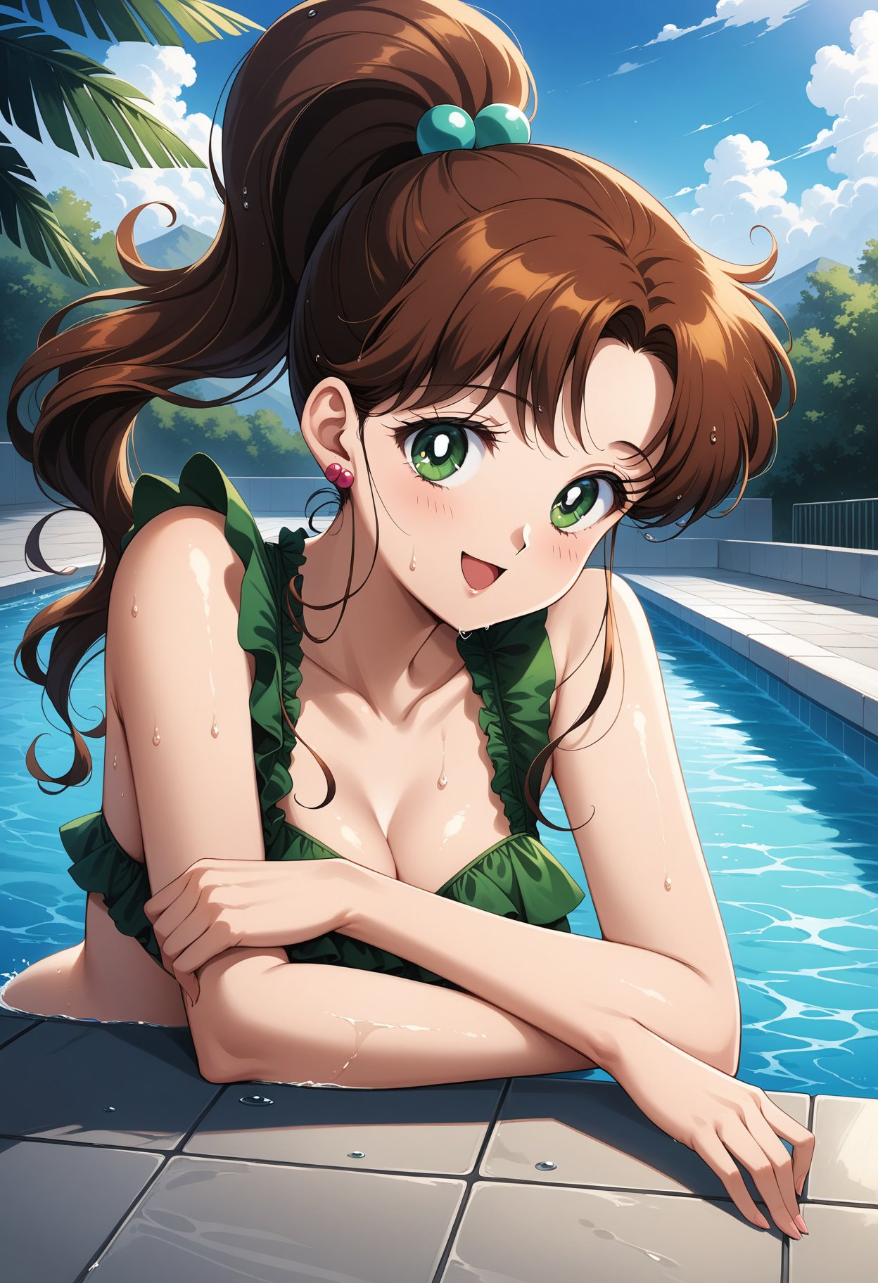 (masterpiece, best quality, very aesthetic, ultra detailed), intricate details, 4k, aajupiter, long hair, brown hair, ponytail, hair bobbles, earrings, green eyes, <lora:sailor_jupiter_animaginexl_v2:0.9>, frilled bikini, poolside, wet, partially submerged, water, smile, open mouth, upper body, arm rest,