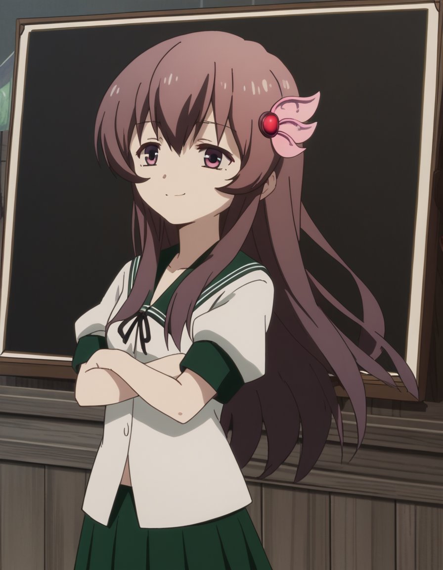 score_9, score_8_up, score_7_up, source_anime, <lora:kancolle-kisaragi-s1-ponyxl-lora-nochekaiser:1>, kisaragi, long hair, brown hair, hair ornament, brown eyes, purple eyes, kisaragi (kancolle), skirt, school uniform, short sleeves, pleated skirt, serafuku, green skirt,, museum, art exhibit, paintings, observing, quiet contemplation, cultural experience, smile, , crossed arms, smile, smug, solo,, cowboy shot, dutch angle