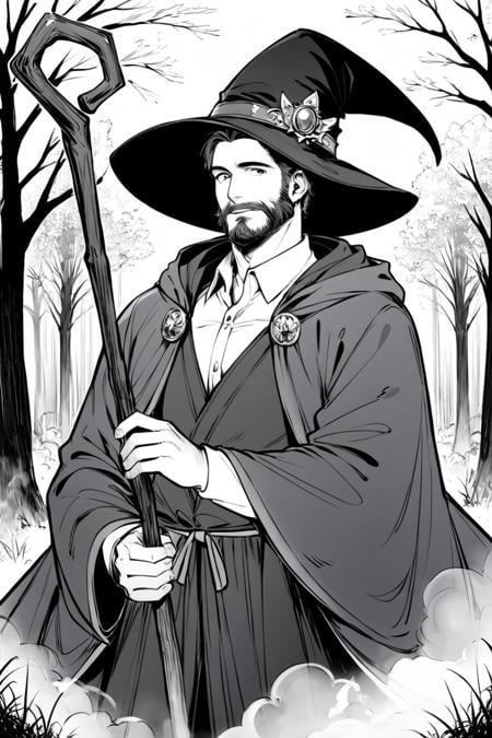 score_9, score_8_up, score_7_up, rating_safe, monochrome, greyscale, 1boy, solo, male focus, mature male, wizard, long hair, brown hair, black eyes, looking at viewer, hat, facial hair, beard, mustache, staff, wizard hat, purple hat, shirt, collared shirt, robe, purple robe, cloak, holding, holding staff, upper body, standing, outdoors, forest, nature, tree, fog, dark background <lora:Line Art Style LoRA XL:0.8>