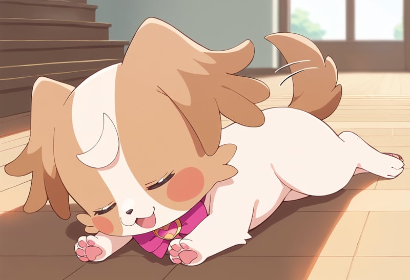 score_9, score_8_up, score_7_up, source_anime, BREAKkmg-dog, no humans, closed eyes, open mouth, solo, smile, pink bow, indoors, lying, blurry background, pink neckwear, on side, happy, sleeping, stairs, hug, ^ ^, :d, blush stickers, blush, animal focus, :3, on stomach, brooch, dog, 1other, dog tail, brown tail, creature, tongue, purple bow, depth of field, pink ribbon, day, red bow, closed mouth, window, tail wagging, from side, wooden floor, collar, on back, purple neckwear, full body, pink bowtie, facing viewer, brown fur, two-tone fur, dog ears, pawpads, flat color, body fur, white fur<lora:cure_wonderful_inukai_komugi_sdxl_locon_pony_v1:0.7>