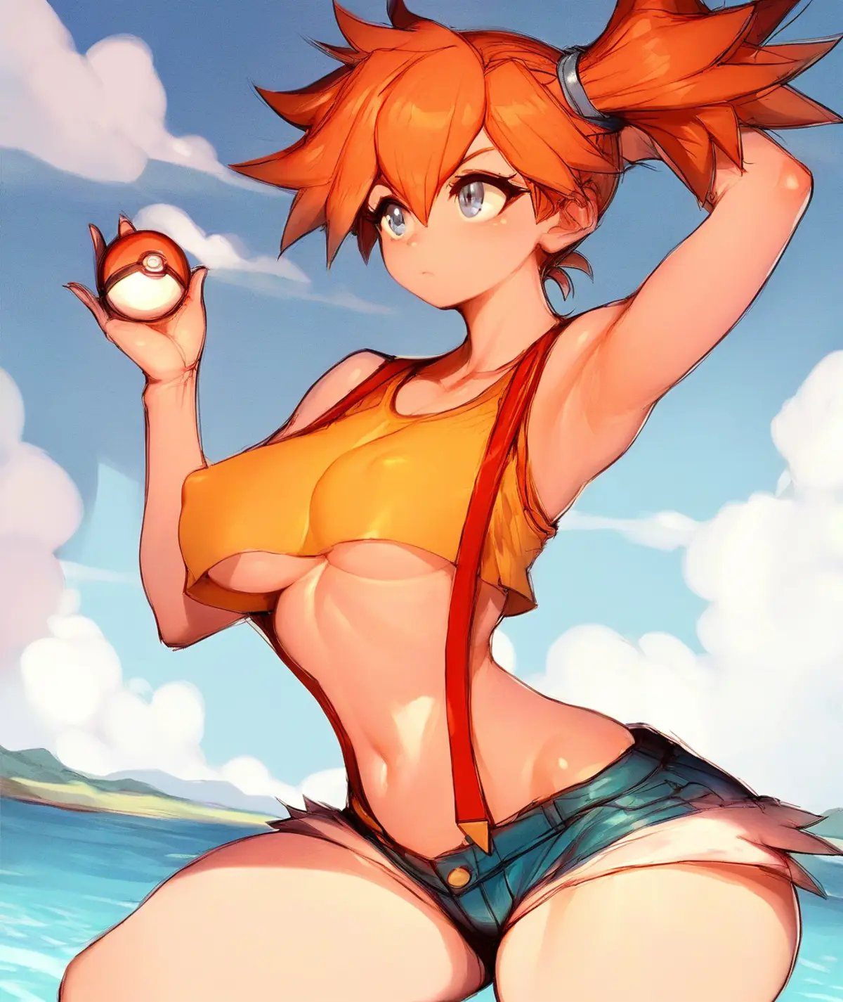 score_9,score_8_up,score_7_up, <lora:fumio:1> fumio, 5_fingers,1girl, poke ball, breasts, solo, poke ball (basic), misty (pokemon), shorts, holding poke ball, blue eyes, side ponytail, orange hair, holding, navel, denim, suspenders, denim shorts, crop top, sky, day, midriff, armpits, underboob, thighs, outdoors, short shorts, cloud, blue sky, tank top, short hair, bare shoulders, water, medium breasts, closed mouth, covered nipples, cowboy shot, large breasts, thick thighs, hair between eyes