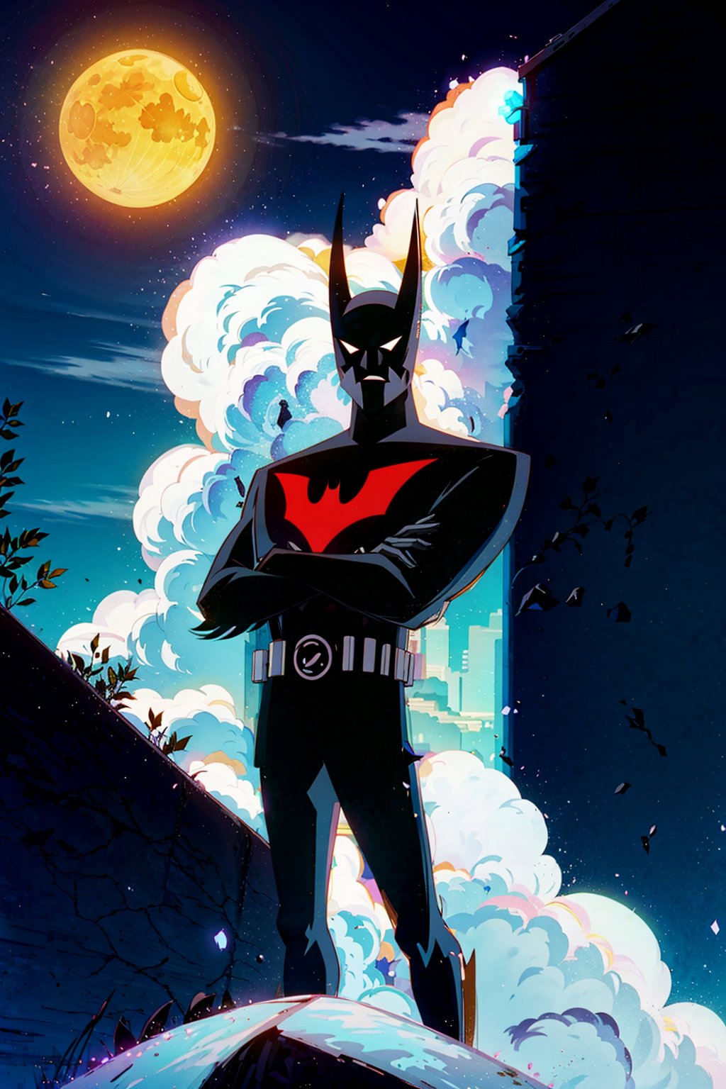 Batman-Beyond, male focus ,standing, crossed arms,, (colorful),(finely detailed, detailed face),cinematic lighting, extremely detailed CG unity 8k wallpaper,solo,smile,sky, cloudy_sky, building, moonlight, moon, night, (dark theme:1.3), light, fantasy, <lora:Batman_Beyond-20:1>