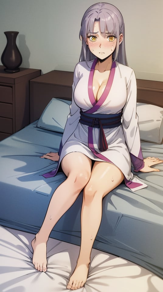 (masterpiece, best quality),ray tracing,absurdres,HDR,Zhao Haitang, 1girl, solo, yellow eyes, closed mouth, sitting, pillow, blush, long hair, cleavage, sweat, grey hair, medium breasts, chinese clothes, bed, indoors, on bed, blanket, tissue box,looking at viewer,bare legs,barefoot,<lora:Zhao Haitang:0.8>