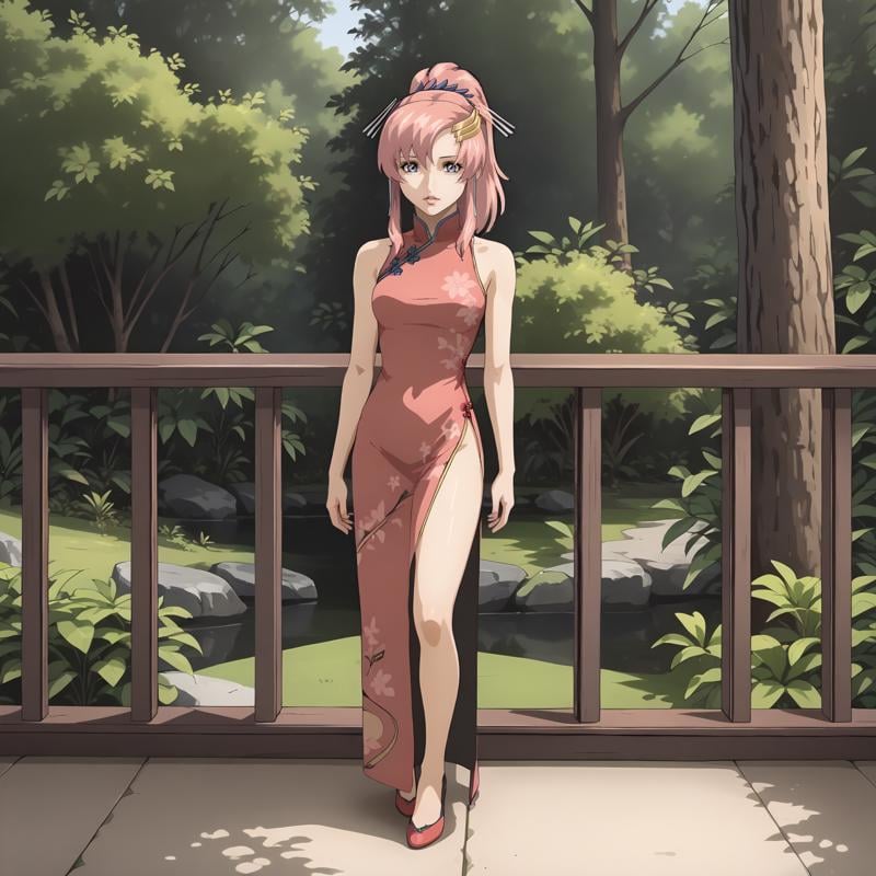 <lora:LacusClyneXLpony002>,looking at viewer,parted lips,solo,LacusClyne,1girl,pink hair,ponytail,blue eyes,hair ornament,outdoors,nature,standing,full body,print_cheongsam,bare shoulders,side_slit,