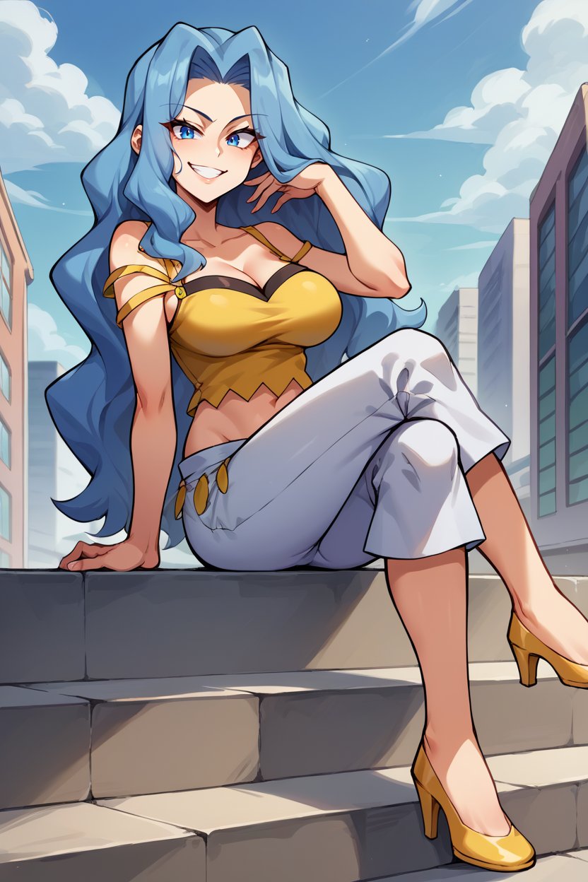 score_9, score_8_up, score_7_up, score_6_up, source_anime, BREAK 1girl, solo <lora:pkmnkaren-pdxl-nvwls-v1-000005:1> pkmnKaren, very long hair, blue hair, yellow tank top, midriff, white pants, big breasts, looking at you, happy, smug, city, blue sky, sitting, high heels, crossed legs, stairs, blue sky, city