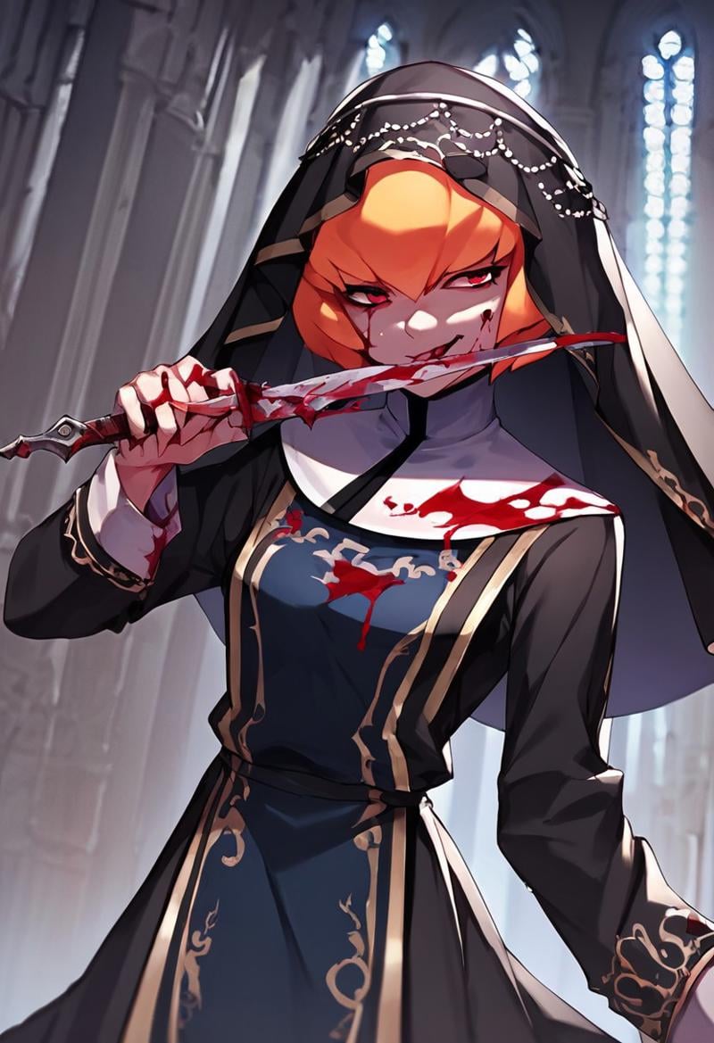 score_9, score_8_up, score_7_up,source_anime,Clementine, blonde hair, short hair, red eyes,black veil,nun clothes,castle view, moonlight,solo,blood ,licking sword