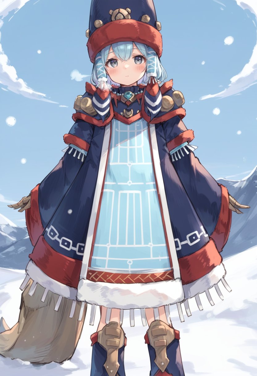 (score_9:0.9),score_8_up,score_7_up,rating_safe,anime style,(zPDXL),<lora:Gammoth Armor ponyXL v1:0.75>, gammoth armor, blue headwear, blue long sleeves, blue coat, 1girl, snow, blue eyes, blush, snowing, looking at viewer, closed mouth, blue boots, standing, short hair, blue hair, solo, grey eyes, breath, outdoors, blue hair tubes, 