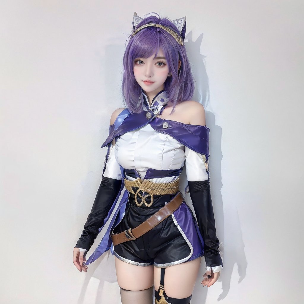 best quality,masterpiece,photorealistic,1girl,solo,bangs,looking at viewer,cowboy shot,standing,arms at side,red hair,kafka cosplay costume,kafka,cosplay,eyewear on head,shirt,gloves,shorts,legwear under shorts,bare shoulders,off-shoulder shirt,off shoulder,thigh strap,purple pantyhose,long sleeves,asymmetrical boots,asymmetrical legwear,high heel boots,high-waist shorts,simple background,<lora:小塔姆:0.8>,