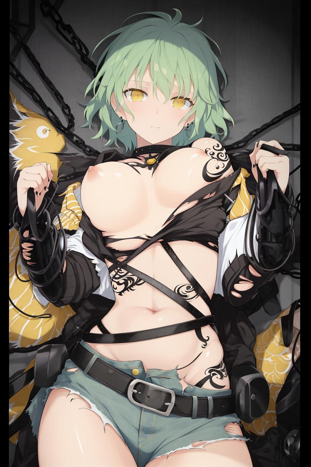 masterpiece, best quality, senran kagura, torn shirt, short hair, green hair, torn pants, torn clothes, navel, off shoulder, tattoo, yellow eyes, earrings, belt <lora:senran_kagura-000012:0.9>