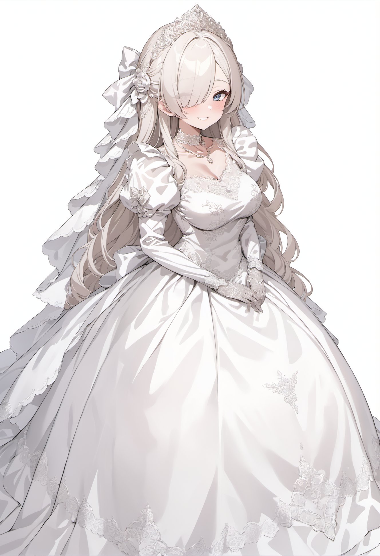 ultra-detailed, masterpiece, best quality, wallpaper, 8k, pixiv,standing, (solo, 1milf, over 30 ages), princess, bride,smile,shiny hair, hair over one eye,tsurime,over skirt, tiala, bridal vail, (white metalic satin),(white simple background:1.3), <lora:Wedding_Dress_v2:1> wedding dress, , lace trim, choker, necklace, long dress, lace gloves, juliet sleeves, puffy sleeves, long sleeves,