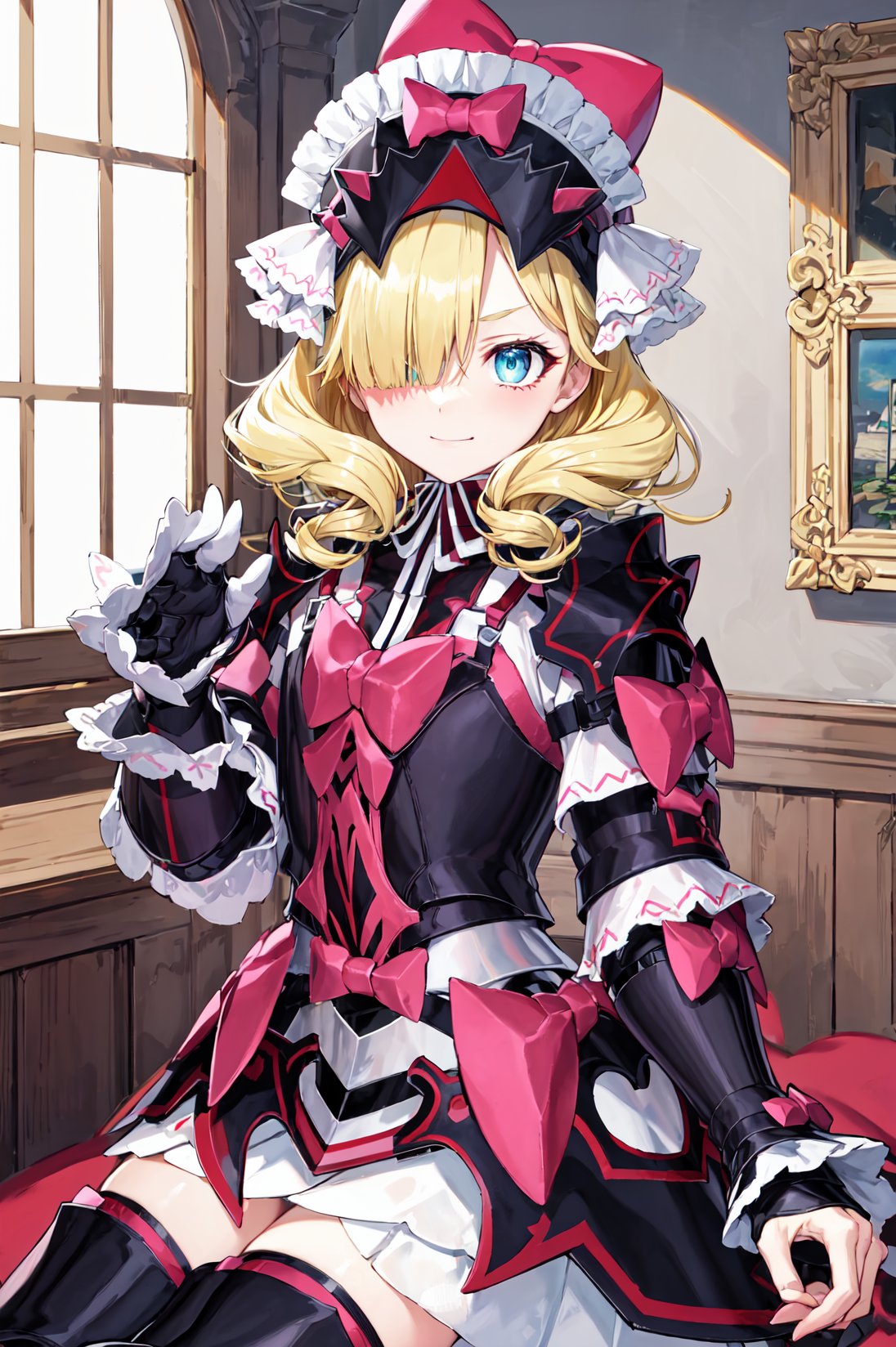 upper body,smug,<lora:marni1:0.85>,marni,hat,hat_bow,pink_bow,armor, dress,white skirt, looking at viewer,  hair over one eye, black footwear, frills, gauntlets, long sleeves, hat, armored boots, armored dress, gloves, thighhighs,heart,room,(masterpiece, best quality, ultra-detailed, best shadow),