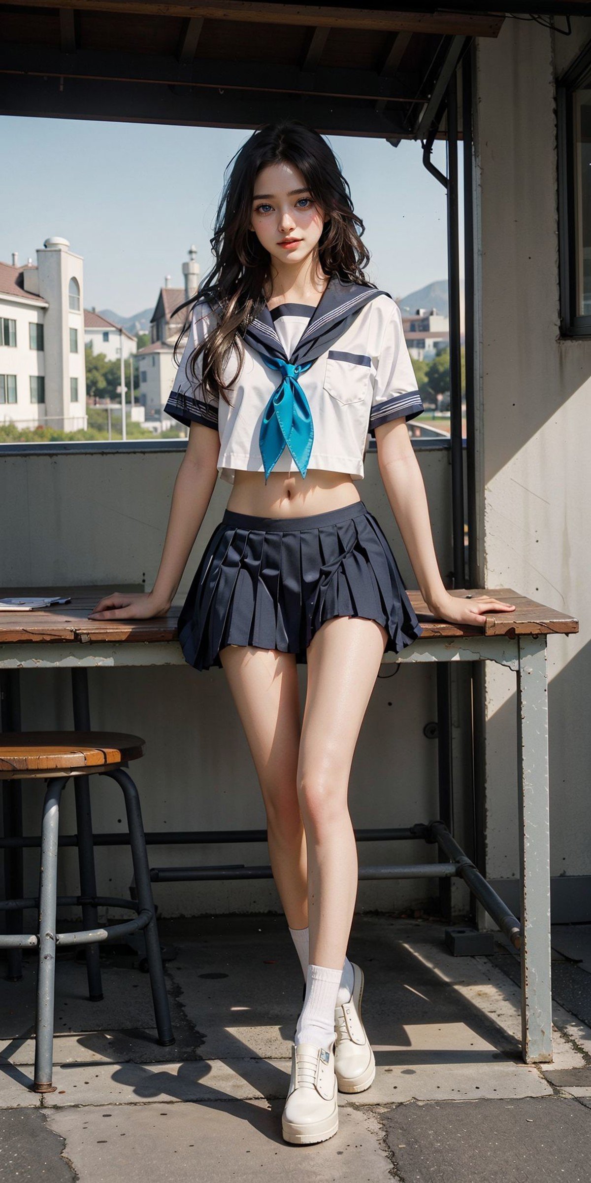 <lora:serafuku_64_60minus40epoches:0.8>, 1girl, serafuku, (school shirt, neckerchief, short sleeves, stomach cutout, navel), (short pleated school skirt), (thighs), white socks, black shoes, full body, sitting on the chair,, smile,(looking to the side),(from below), (masterpiece, high quality, best quality), (colorful),(delicate eyes and face), volumatic light, ray tracing, extremely detailed CG unity 8k wallpaper, black hair, low-tied long hair, blue eyes, realistic,photorealistic, cowboy shot, outdoors, school, school buildings