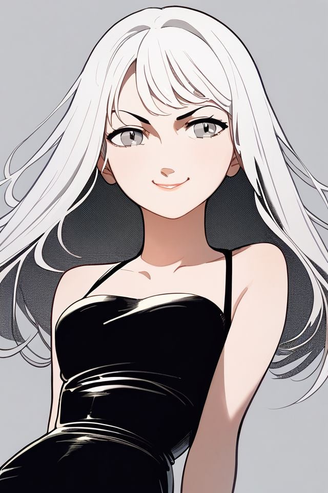 score_9, score_8_up, score_7_up, 1girl, smirk, white hair, wispy_bangs, light_grey eyes, leaning back, beautiful background <lora:Osamu_Tezuka_PonyXL_style_v01.10.02.02:1>