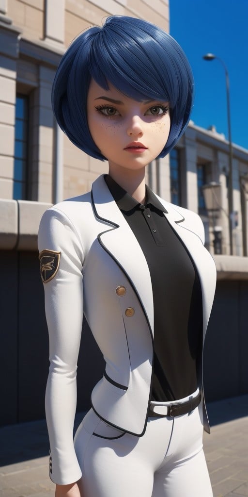 Hyperrealistic, photorealistic, super detailed, white long-sleeved blazer that has black outlines around the collar, expressive sharp slanted moderate vermilion eyes, thick straight black hair with blue reflections bangs swept to the left in a face-framing bob that levels with her chin with dark blue tints, lighter dusting of light-brown freckles, body like in real life, large pores, fair skin, slender, beautiful arms, (very little very flat breasts), unreal engine, octane render, droped shadow, bokeh, cinematic lighting, <lora:add_detail:0.5>, <lora:Volumetric_lighting:0.6>, Kagami Tsurugi,, <lora:dc2cca4f-0ca7-4e9e-8f19-795820b7cd3f:0.7>