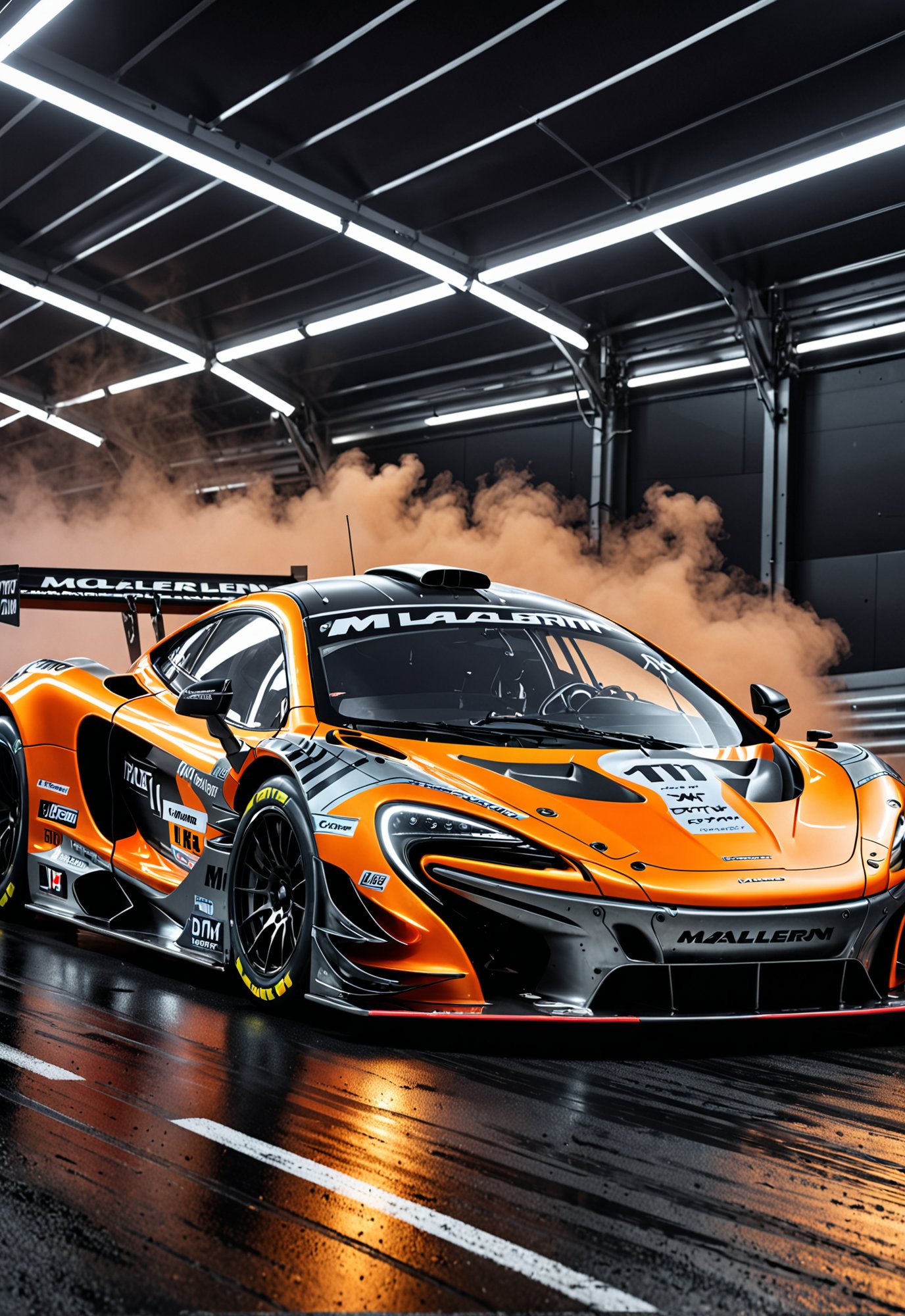 dynamic angle, masterpiece, award winning picture, Mclaren DTM race car, drifting, futuristic background, hyper detailed, intricate,  neon poster, epic, ultra detail, intricate details, UHD