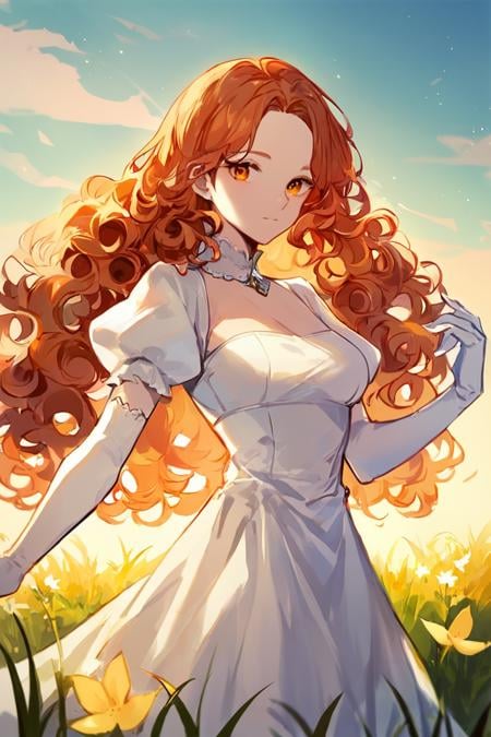 score_9, score_8_up, score_7_up, rating_safe, 1girl, solo, long hair, curly hair, wavy hair, orange hair, orange eyes, looking at viewer, breasts, dress, white dress, puffy sleeves, puffy short sleeves, short sleeves, gloves, elbow gloves, white gloves, cowboy shot, closed mouth, standing, outdoors, field, flower, grass, plant, sky <lora:Anime Style 2 SDXL_LoRA_Pony Diffusion V6 XL:0.8>