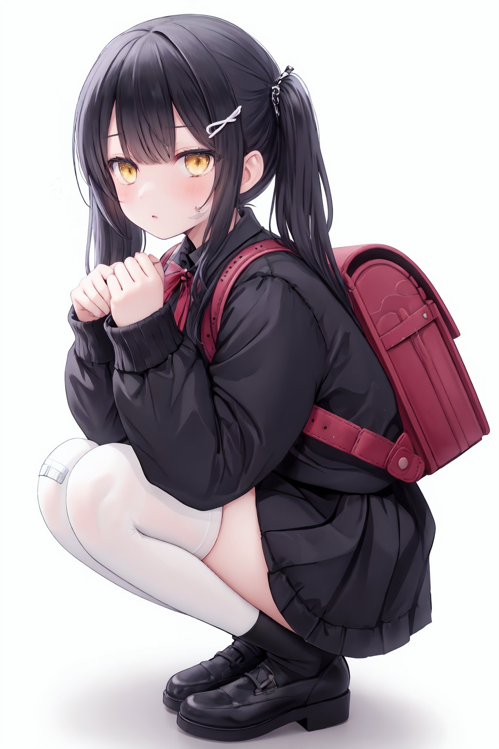 1girl,yellow eyes,solo,squatting,backpack,hair ornament,twintails,looking at viewer,black hair,bag,long hair,white thighhighs,shoes,bangs,blush,sleeves past wrists,black footwear,long sleeves,black skirt,from side,white background,bandaid,full body,sleeves past fingers,hairclip,randoseru