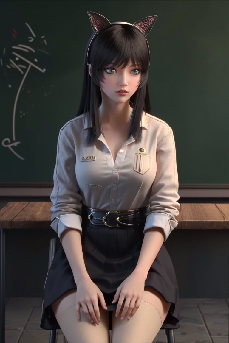 ((HRD, HUD, 8K)),((masterpiece, best quality)), highly detailed,1girl, solo, long hair, black hair, hairband, bangs, green eyes, lips,animal ears, cat ears, fake animal ears,(white shirt:1.2), black pantyhose, simple background, classroom, chalkboard, cowboy shot, sitting on chair, looking at viewer, <lora:20240107-1704630563937:0.7>