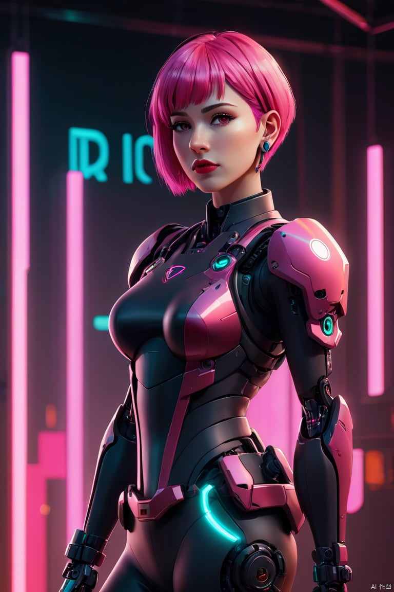 Anime Artwork Lucy (Cyberpunk),  Pink Short Hair,  Pink Eyes,  Red Lips,  Front,  Full Body,  Tights,  Punk Stud Earrings,  Bossy,  Brave,  Key Visual,  Vibrant,  High Detailed,  Illustration,  Short Straight Hair,  Futurism,  NFT Art,  Solid Color Background,  Robotic Arm,  Cartoon Coloring,  Tyndal Effect. Non-Realistic Rendering Transparency,  Color Tilt,  Animation,  Blender Geometry Art,  Intrlligence 4k Image,  Epic,  Cinematic Effects,  Neon Cold Pounding,  Octane Rendering,  OC,  8k