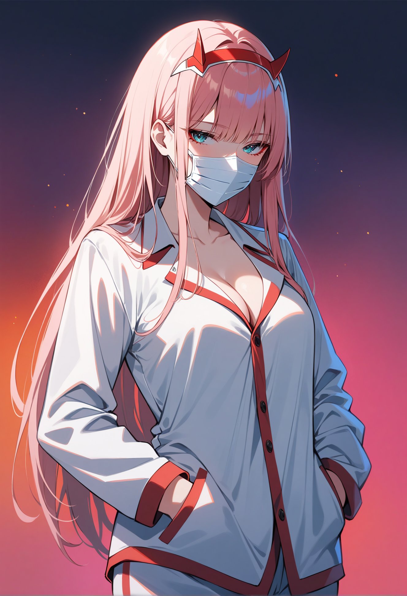 zero two \(darling in the franxx\), darling in the franxx,(masterpiece,best quality,high quality:1.1,late),absurdres,highres,ultra-detailed,HDR,glowing lighting,1girl,solo,(half-closed eyes:1.2),mature female,medium breasts,standing,((red and white pajamas)),cleavage,cyberpunk mask,mouth mask,hands in pocket, ((simple background,colorful background)),artist:criin,artist:yolanda,artist:ponnyu12,