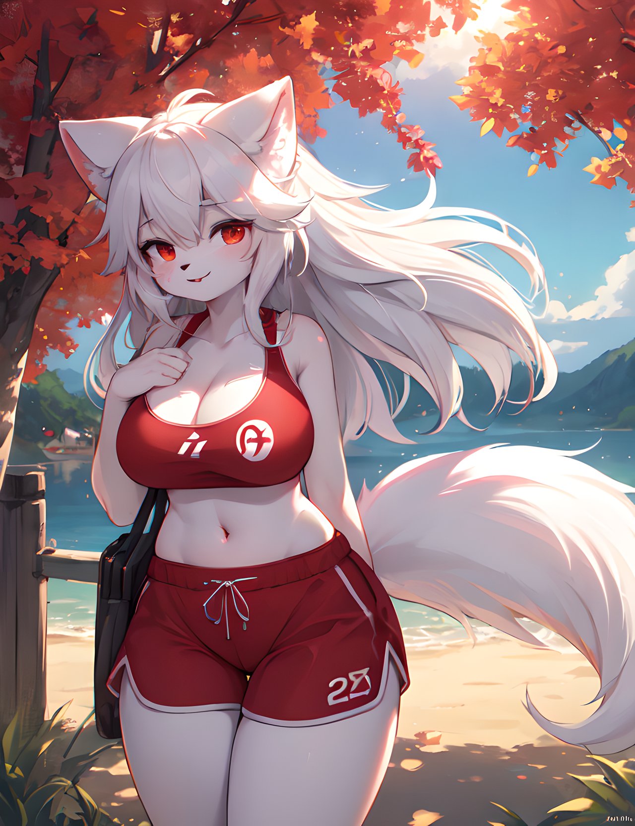 furry, white fur, tail, red elements on fur, normal breasts, beautiful view, sport shorts, close-up, summer, evening, beautiful lights and shadows, ambient light, ultra detailed fur, volumetric light 