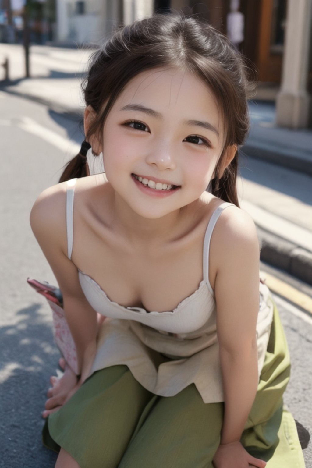 (RAW photo, best quality), masterpiece, beautiful and aesthetic, 16K, (HDR), (vibrant color), details, (potrait shot:1.2), japanese girls, (6 years old:1.4), with a happy expression, big eyes, teeth, happy laugh, moving face, red brown hair, pony_tail, camisole, kneel, put hands on breast, sunshine, street, <lora:EMS-354973-EMS:0.400000>