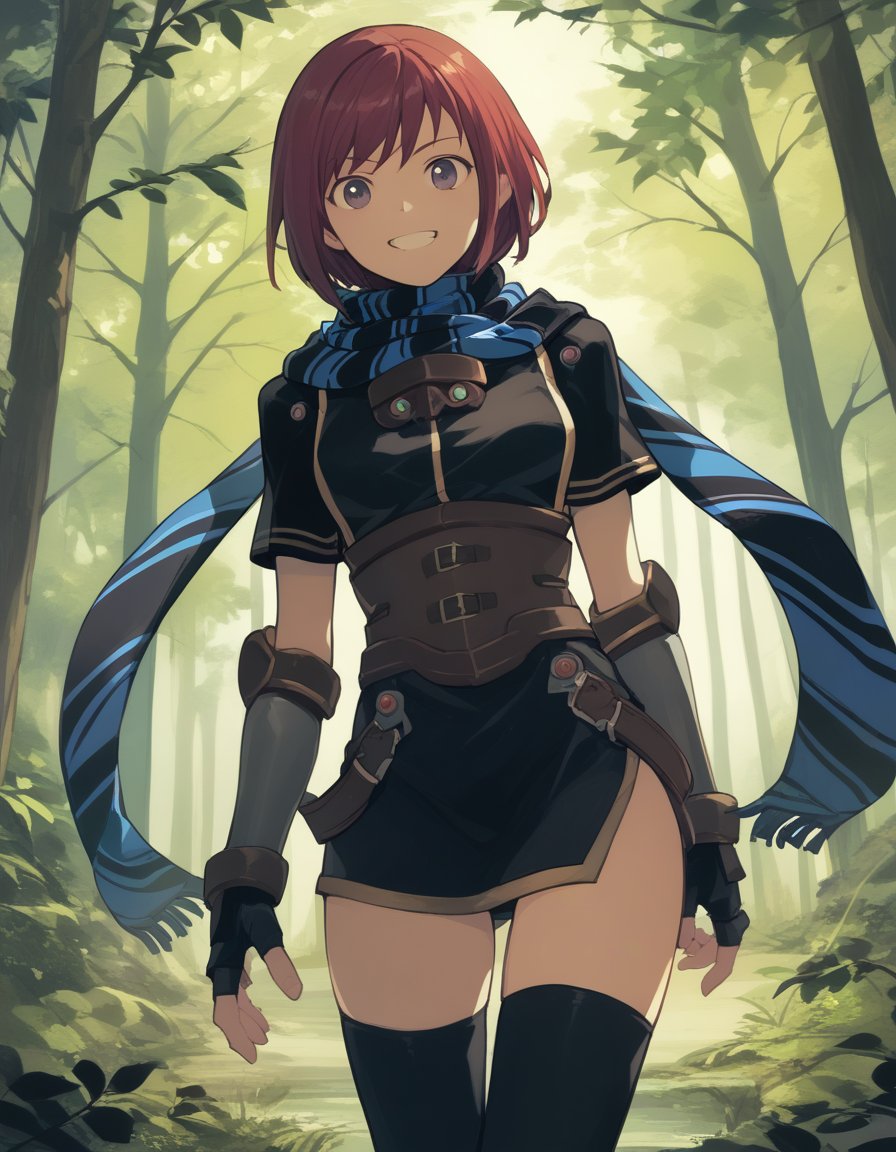 score_9,  score_8_up, score_7_up <lora:nel-zelpher-ponyxl-000020:1> nel zelpher, black dress, short dress, striped scarf, vambraces, fingerless gloves, black thighhighs,smile, forest, looking at viewer