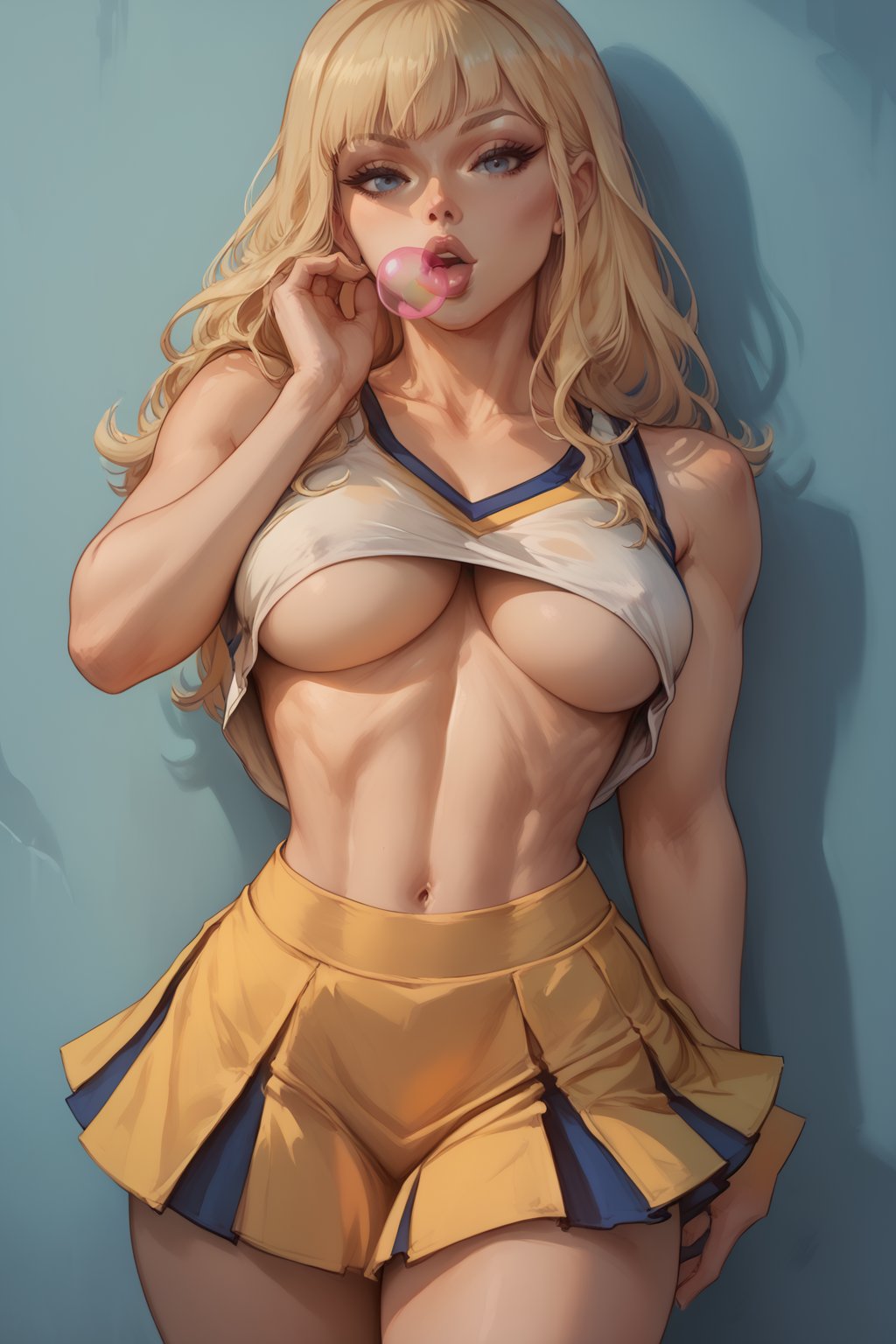 score_9, score_8_up, score_7_up, masterpiece, high quality <lora:Magik ClassicPonyLoRA:1> mgik, long hair, bangs, tank top, underboob, cheerleader skirt, leaning on a wall, kiss mouth, bubblegum, looking at viewer, sunny,