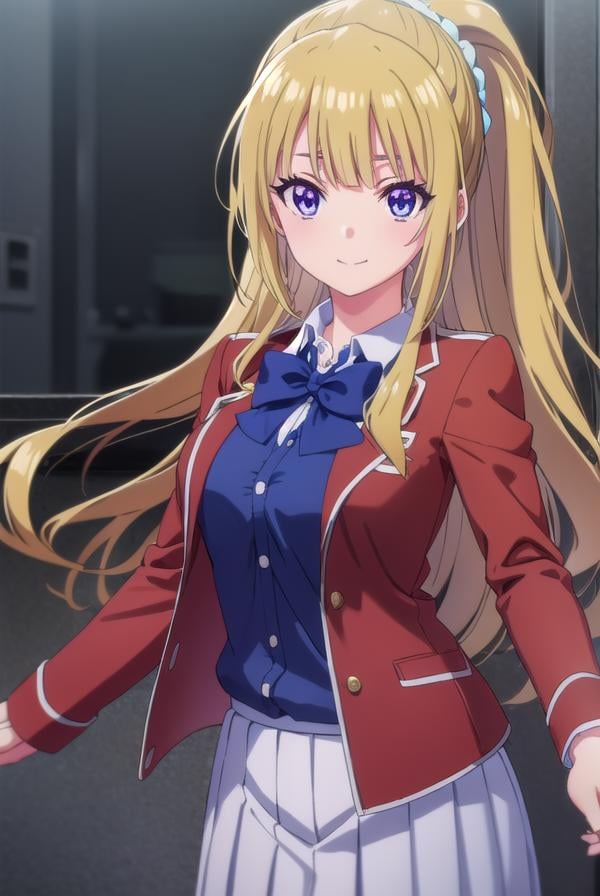 keikaruizawa, <lora:kei karuizawa s2-lora-nochekaiser:1>, kei karuizawa, long hair, bangs, blunt bangs, (purple eyes:1.1), blonde hair, shirt, hair ornament, ponytail, scrunchie, blue scrunchie, smile,BREAK skirt, shirt, bow, school uniform, jacket, (red jacket:1.2), pleated skirt, bowtie, sweater, (blue bow:1.2), (blue shirt:1.2),BREAK indoors, classroom,BREAK looking at viewer, (cowboy shot:1.5),BREAK <lyco:GoodHands-beta2:1>, (masterpiece:1.2), best quality, high resolution, unity 8k wallpaper, (illustration:0.8), (beautiful detailed eyes:1.6), extremely detailed face, perfect lighting, extremely detailed CG, (perfect hands, perfect anatomy),