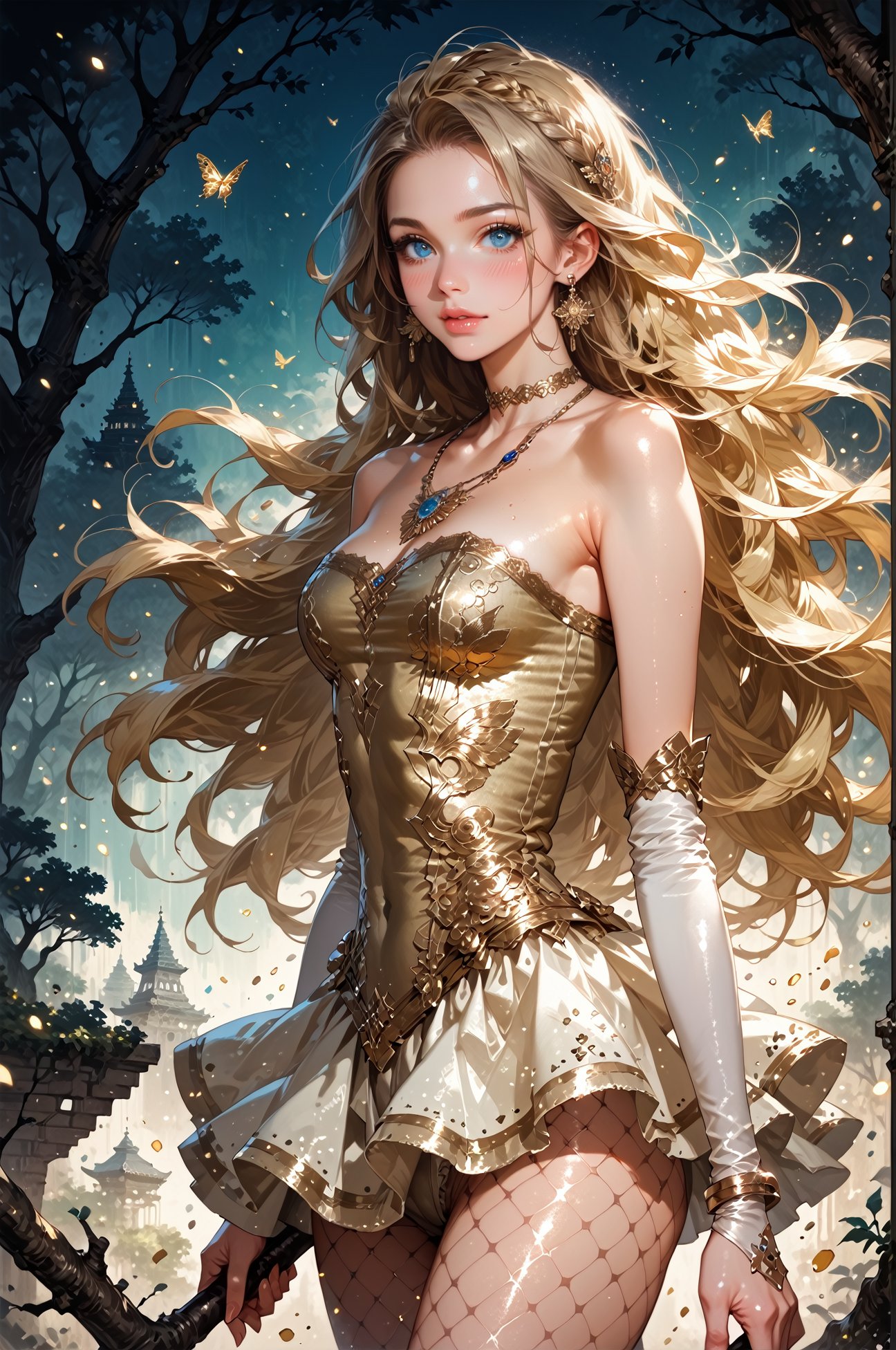 score_9, score_8_up, score_7_up, score_6_up, (1girl,solo), ((white and gold skirt, lace skirt, short dress, fishnet pantyhose)), necklaces, gold elbow gloves, strapless, extremely detailed, ((beautiful silhouette of a female in a dress)), (epic oak tree, heavy backdrop lights), (whimsical colorful dustclouds background, dust particles, lots of detail), sharp focus,, long hair, blonde hair, earrings,<lora:LOAs0rcl34pXL:0.75>,LOAs0rcl34pXL,<lora:sinfully_stylish_SDKL:0.5> <lora:Fant5yP0ny:0.6>, concept art, realistic, <lora:Expressive_H:0.5> Expressiveh 