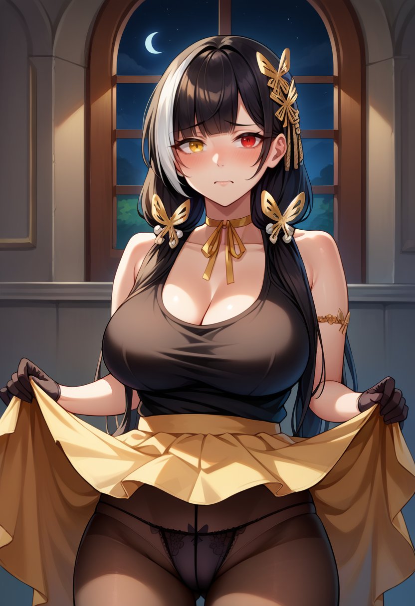 score_9,score_8_up,score_7_up BREAK 1girl,jeloroeotl,solo,night,indoors,mansion,black hair,streaked hair,low twintails,butterfly hair ornament,red eyes,heterochromia,yellow eyes,choker,black tank top,armlet,black gloves,half gloves,yellow skirt,layered skirt,skirt lift,lifted by self,pantyhose,panties under pantyhose,black panties,lace-trimmed panties,looking at viewer,embarrassed,<lora:Ro635-JeloXL-000007:1>,