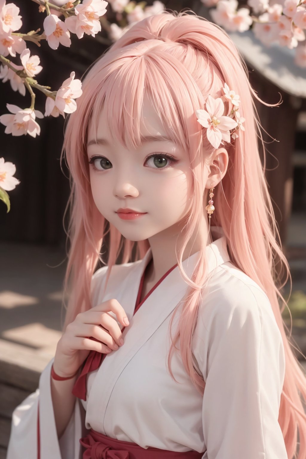 1girl,detached sleeves,pink hair,long hair,best quality,(photorealistic:1.2),(hair ornament:1.35),cherry blossoms,( white shrine maiden),depth of field,detailed face,face focus,(looking at viewer:1.25),shiny skin,long sleeves,red sleeves,smile game cg,blurry background,half body,((right hand to mouth,finger touch lip)),