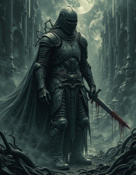 A spectral knight clad in ancient crusader armor roams a desolate battlefield, his form flickering like a ghost. His sword, once a symbol of righteousness, now drips with ethereal blood. The air around him is cold, and his eyes burn with an unfulfilled purpose <lora:The_Dark_Side_Of_The_Future:0.6>