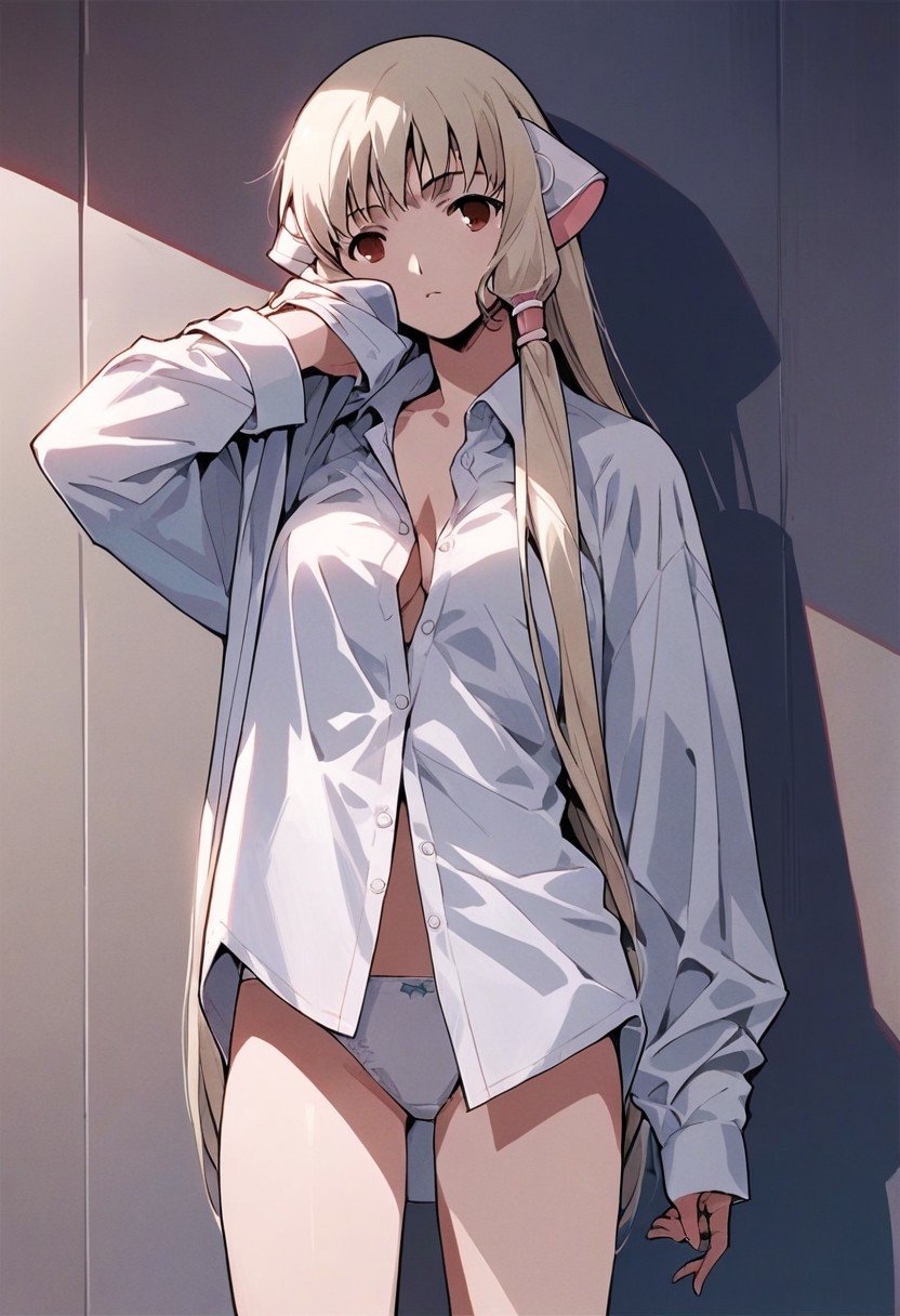 score_9,score_8_up,score_7_up,source_anime, Chii (Chobits),1girl,solo,shirt,underwear,panties,white panties,dress shirt,no pants,oversized clothes,dressing,