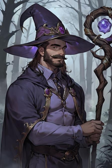 score_9, score_8_up, score_7_up, rating_safe, 1boy, solo, male focus, mature male, wizard, long hair, brown hair, black eyes, looking at viewer, hat, facial hair, beard, mustache, staff, wizard hat, purple hat, shirt, collared shirt, robe, purple robe, cloak, holding, holding staff, upper body, standong, outdoors, forest, nature, tree, fog, dark background <lora:Concept Art Eclipse Style LoRA_Pony XL v6:1>