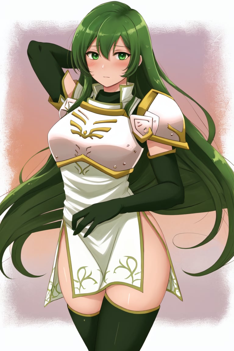 <lora:Erinys_FE-08:0.9>  Erinys fe, 1girl, solo, looking at viewer, blush, thighhighs, gloves, dress, elbow gloves, armor, short dress, shoulder armor, side slit, green dress, breastplate, green gloves, green thighhighs, pegasus knight uniform (fire emblem), arms behind head, cowboy shot, sunset