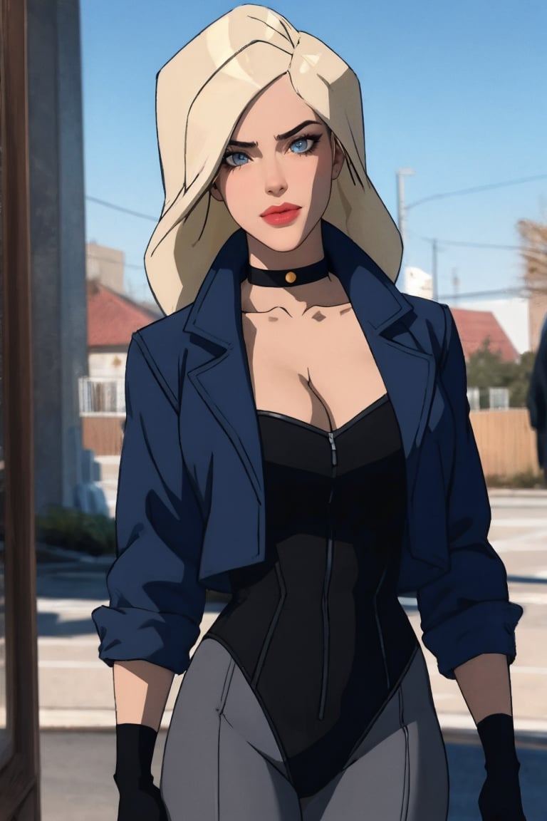 masterpiece, best quality, high quality, highres, outdoors, day, upper body, looking at viewer, solo, focused, BREAK, Costume_BlackCanary_ownwaifu, www.ownwaifu.com,1girl, blonde hair,  blue eyes, breasts, lipstick, makeup, red lips, collarbone, lips, large breasts, eyeshadow, choker, long hair, black choker,cleavage, cropped jacket, blue jacket, grey pantyhose, leotard, black leotard, fingerless gloves, black gloves,  sleeves rolled up,  open jacket, <lora:CARTOON_DC_YJ_BlackCanary_ownwaifu-15:0.9> 