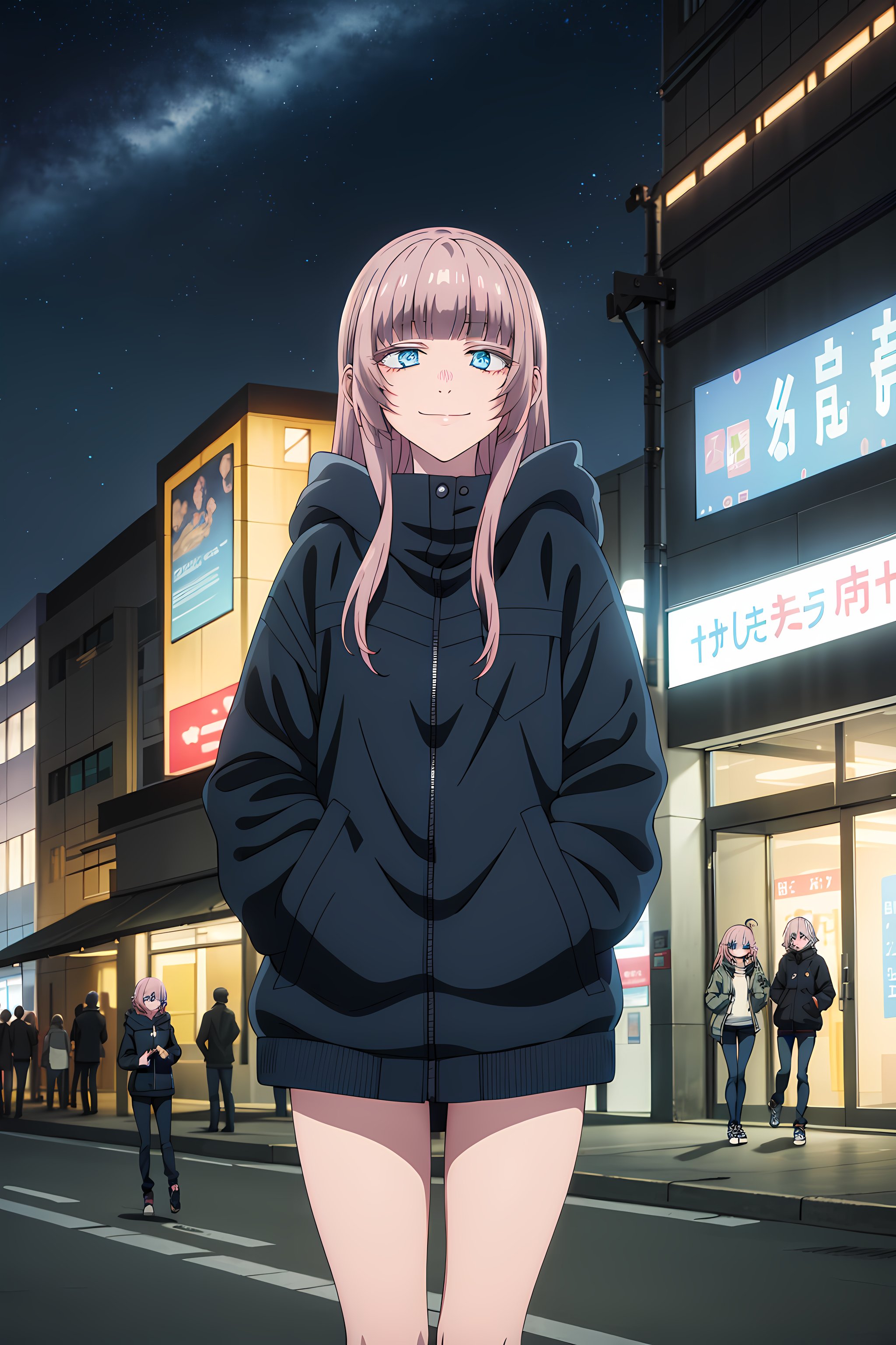 best quality, masterpiece, detailed,<lora:YofukashiNoUta_NanakusaNazuna:0.9>, NanakusaNazuna,1girl, closed mouth, smile,pink hair, long hair, blunt bangs, sidelocks, blue eyes,NanakusaJacket, jacket, hood, looking at viewer, hand in pocket, thigh gap,outdoors, city, night, starry sky