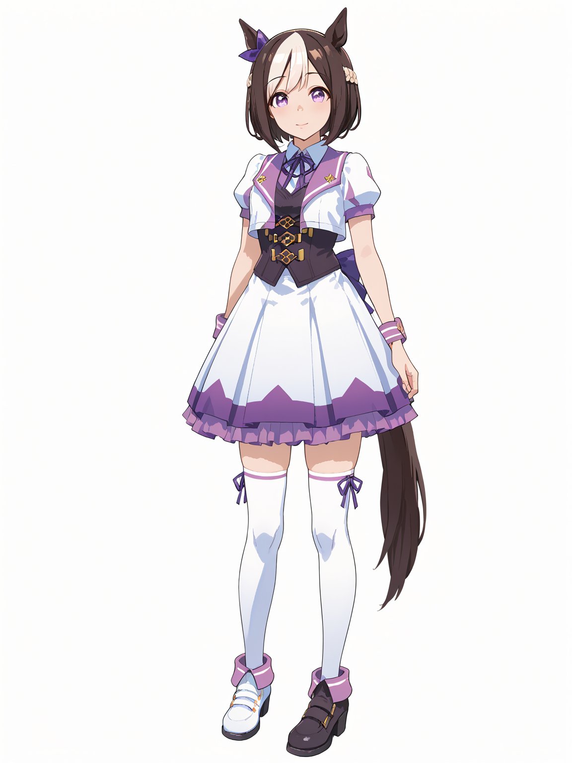 <lora:Special_Week_v1.0_Cibitai:0.7>,special week, horse girl, horse ears, horse tail, purple eyes, hair bow, short hair, crown braid, brown hair, two-tone hair, multicolored hair, white jacket, open jacket, vest, skirt, white thighhighs, short sleeves, puffy sleeves, purple ribbon on back waist,asymmetrical shoes,white background,1girl,solo,full body, standing,looking at viewer, score_9, score_8_up, score_7_up,source_anime