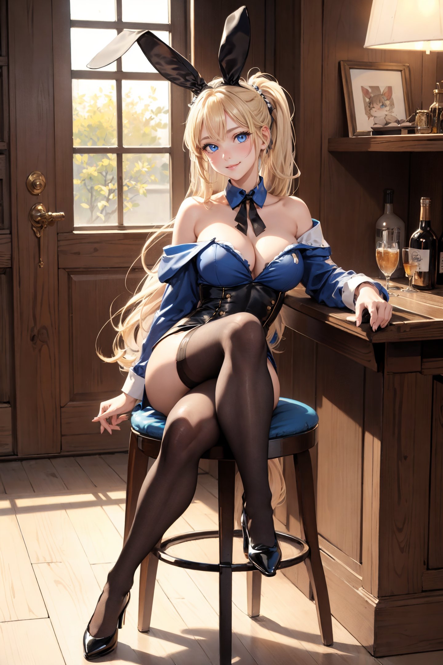 1girl, sit one bar chair,rabbit_ears,hair_ornament, huge breasts,full body, beautiful_detailed_eyes, blonde_hair, long_hair, long_ponytail, blue_eyes, seductive_smile, delicate_face, off_shoulder, playboy_bunny, black_pantyhose, high_heels,bar,full_body